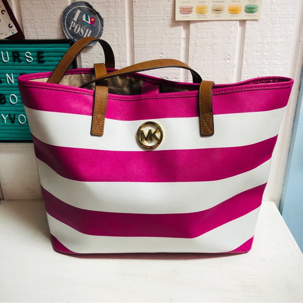 Michael Kors Pink Stripe Tote Jet Set Saffiano Leather Travel MK